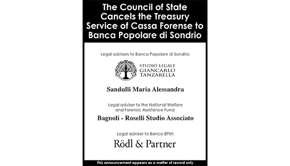 The Council of State cancels the treasury service of Cassa Forense to Banca Popolare di Sondrio