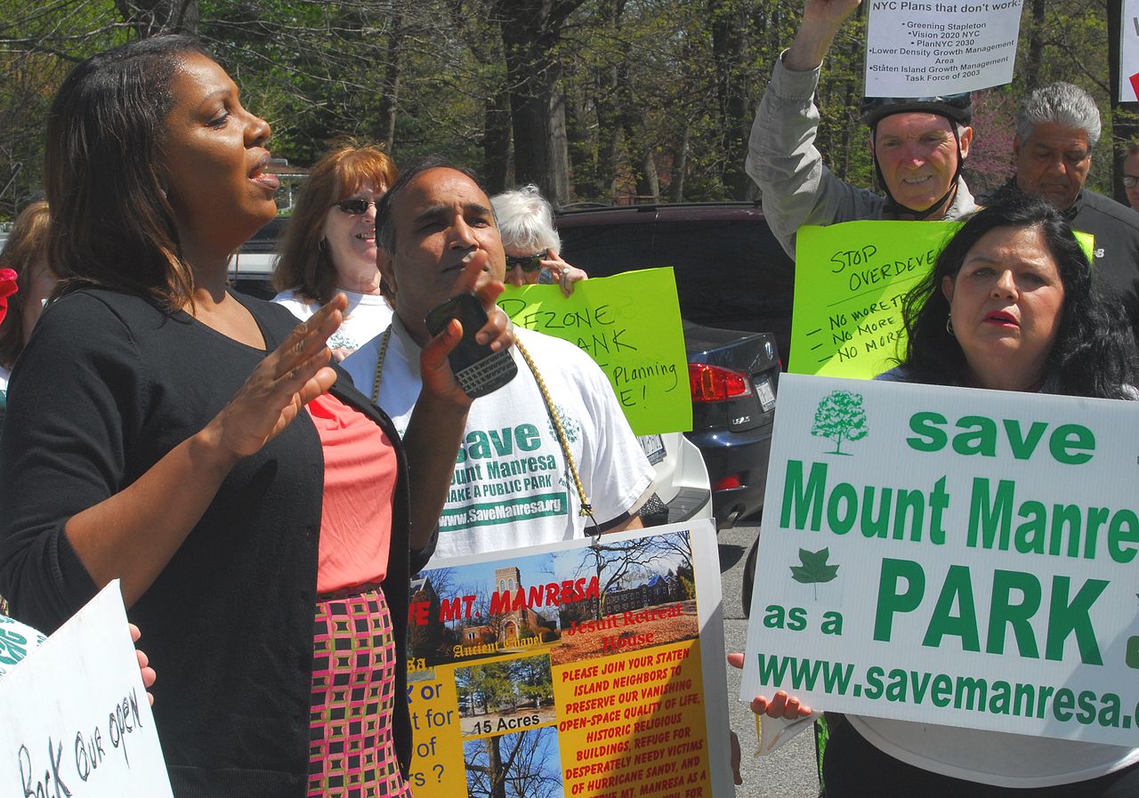 New York attorney general Letitia James speaking with activists