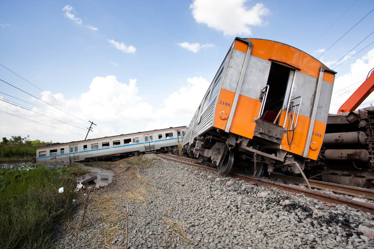 A derailed passenger train