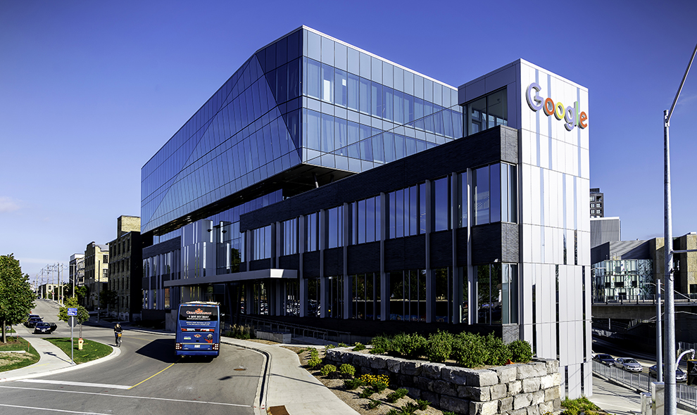 A bus at Google Canada Kitchener-Waterloo office buildings,Canada