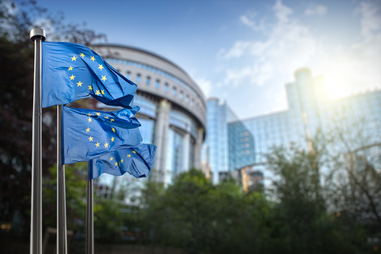 EU flags in front of parliament in Brussels, Belgium