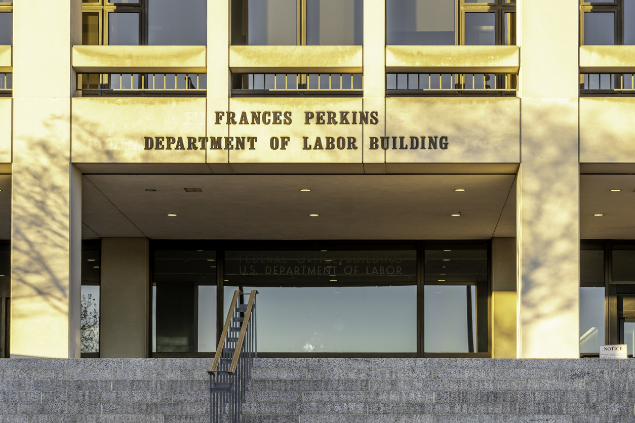 Entrance of the United States Department of Labor Building in Washington, DC