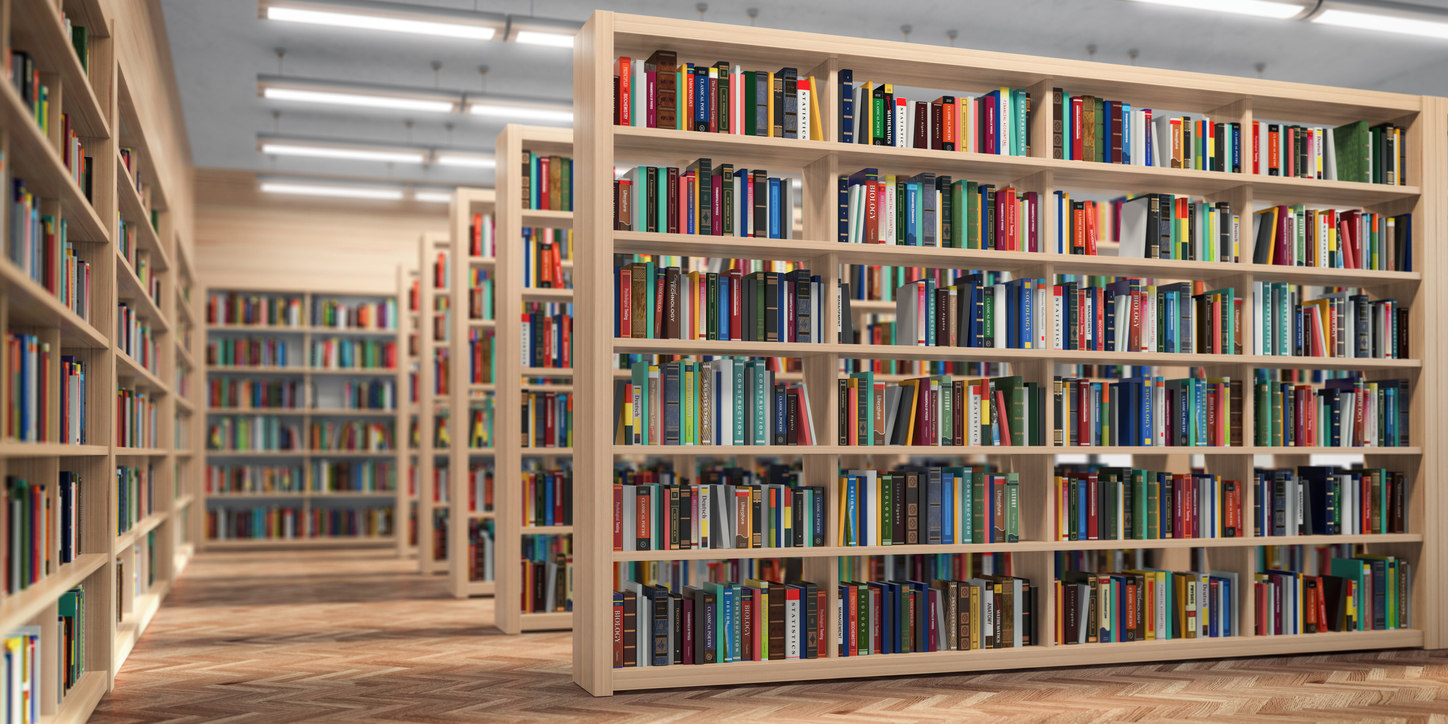 Bookshelves in a library