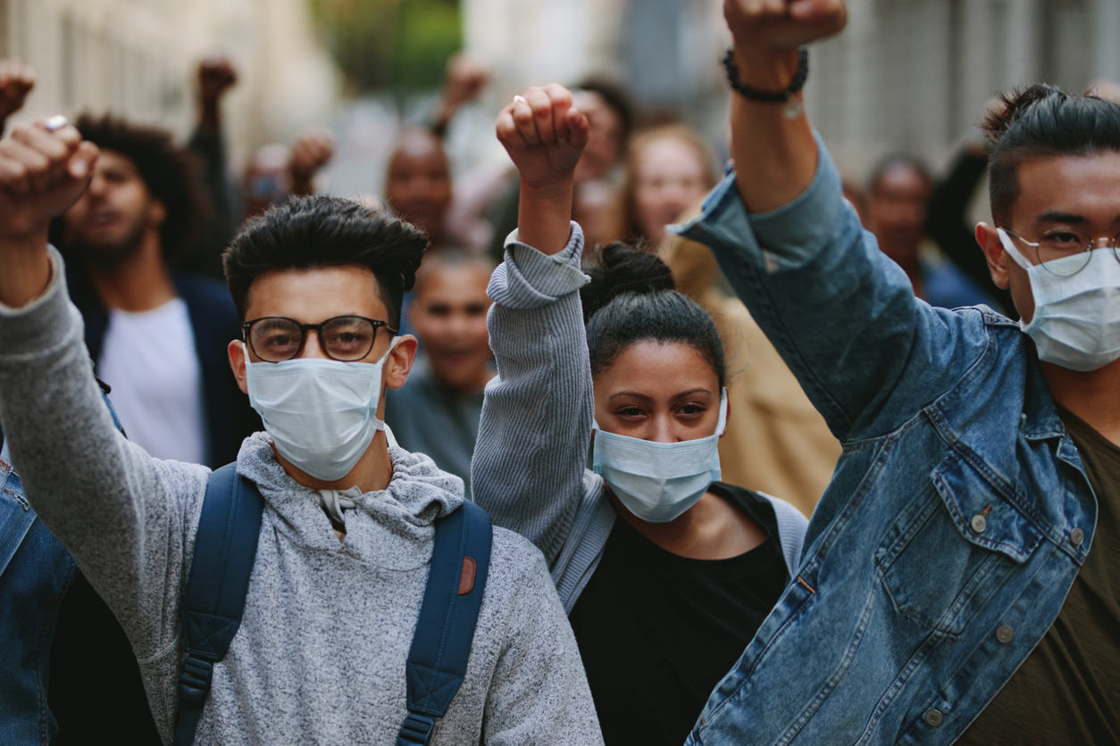 Group of demonstrators protesting in the city