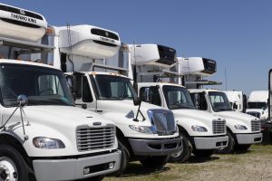 Freightliner and Navistar international semi-tractor trailer trucks lined up for sale