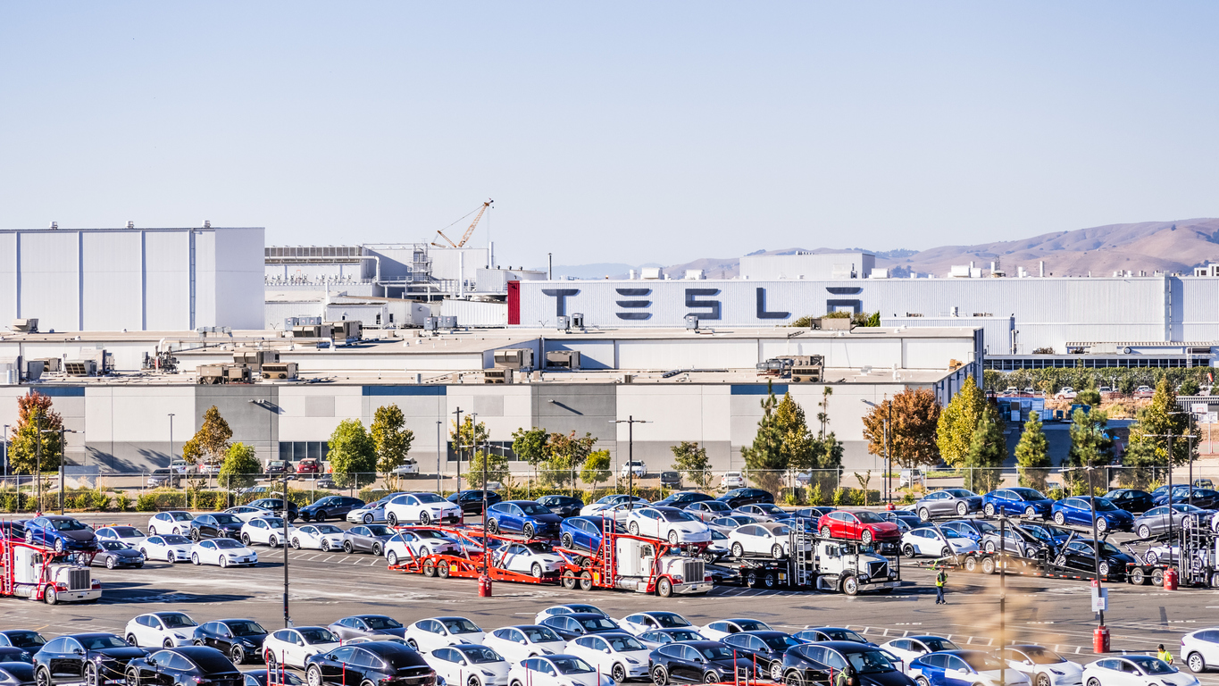 Aerial view of Tesla factory located in Fremont, California.