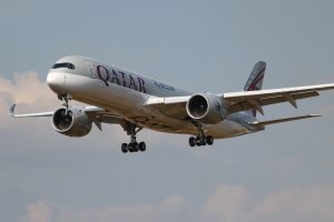 Qatar Airways Airbus A350-900 A7-ALS passenger plane landing at London Heathrow Airport