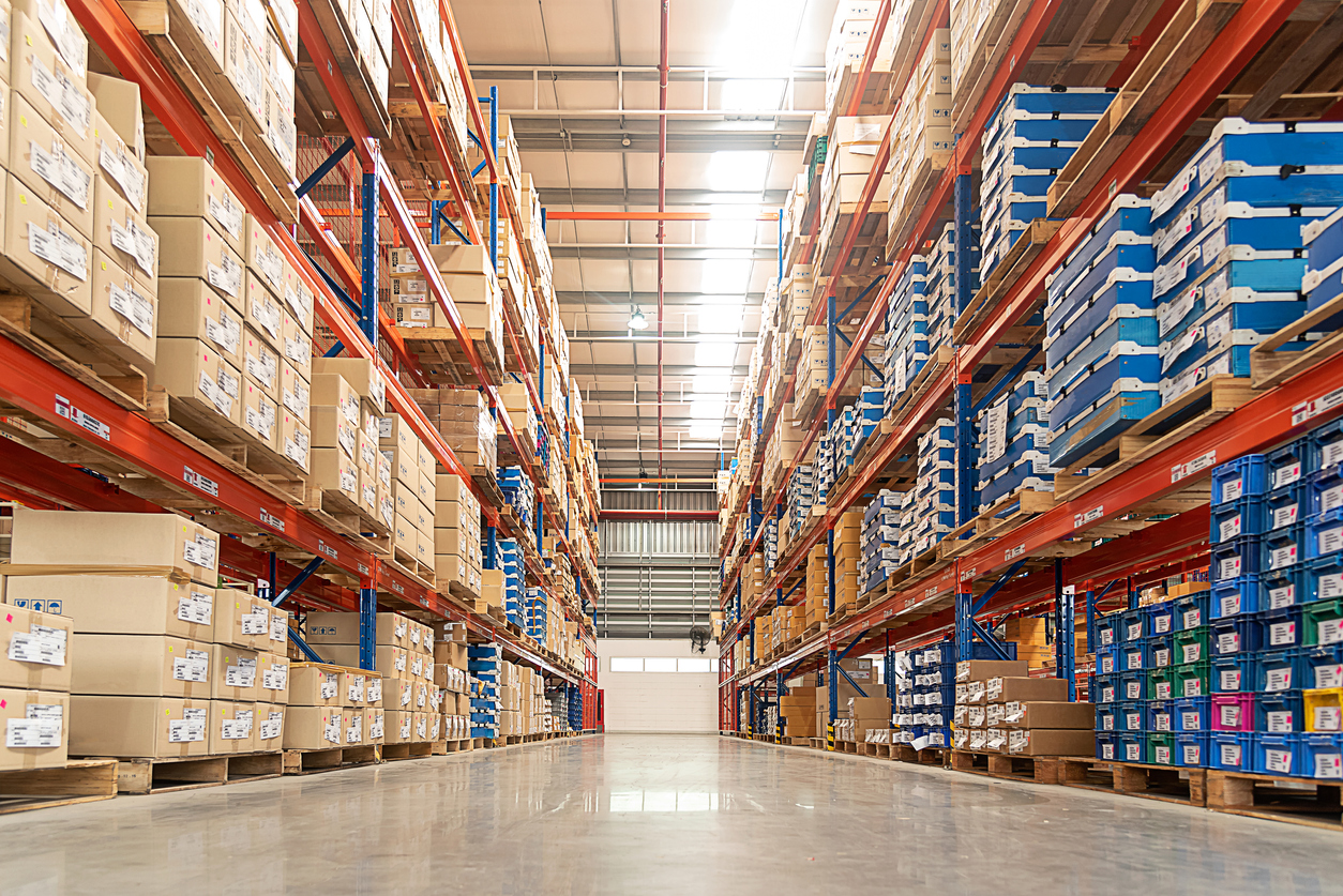 Row of shelves in warehouse