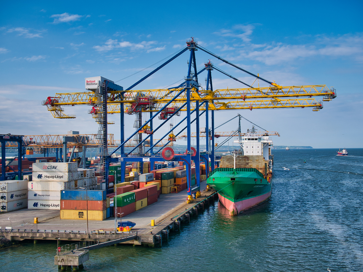 Cargo ship loading freight in Belfast Harbour