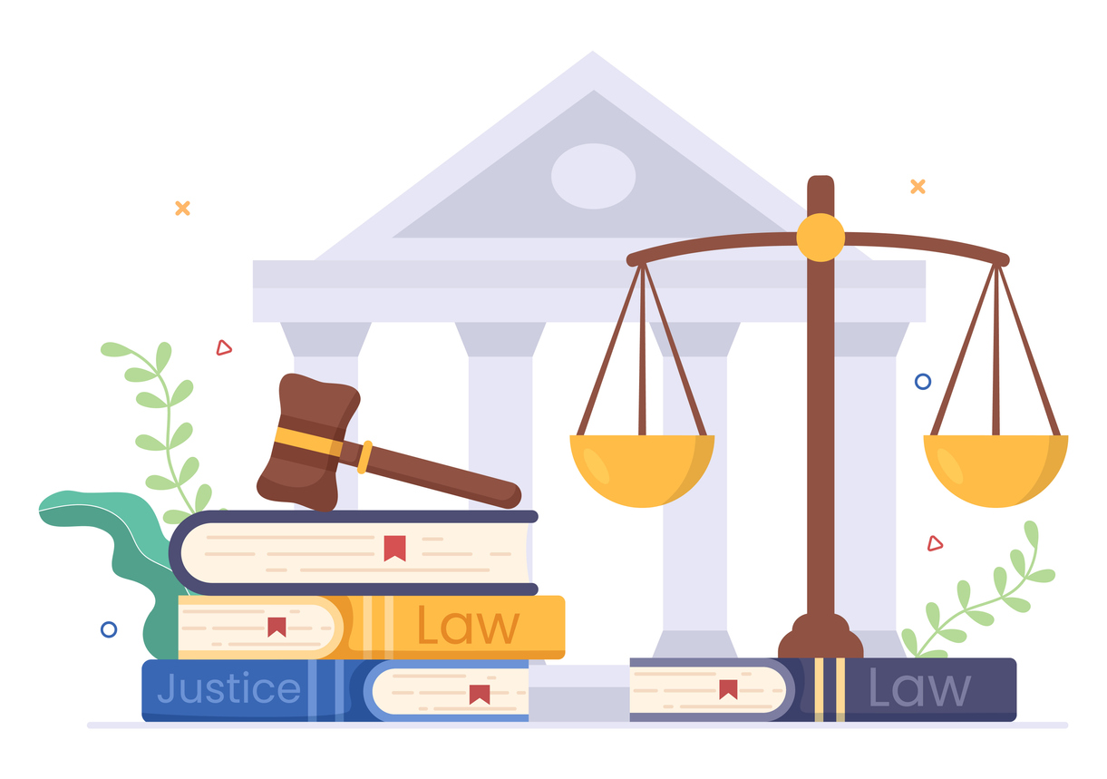 Lawyer, Attorney and Justice with Laws, Scales, Buildings, Book or Wooden Judge Hammer to Consultant in Flat Cartoon Illustration