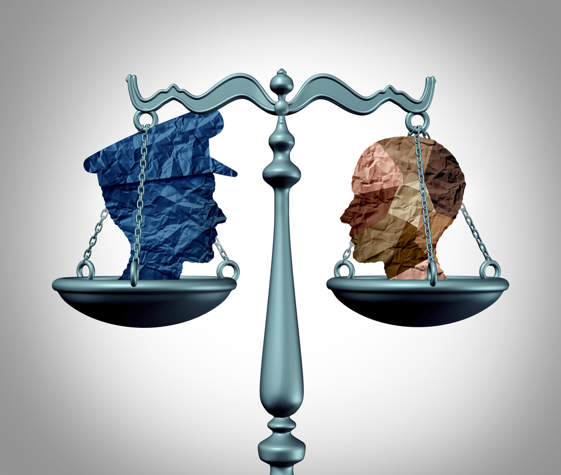 Policing justice and law enforcement as a scale or balance with a community or diverse society symbol representing social safety with 3D illustration elements.