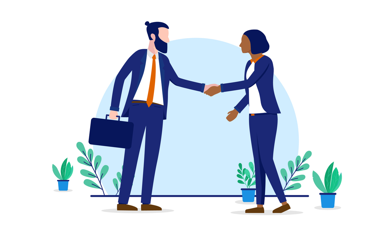 Flat design vector illustration of diverse people shaking hands on white background.