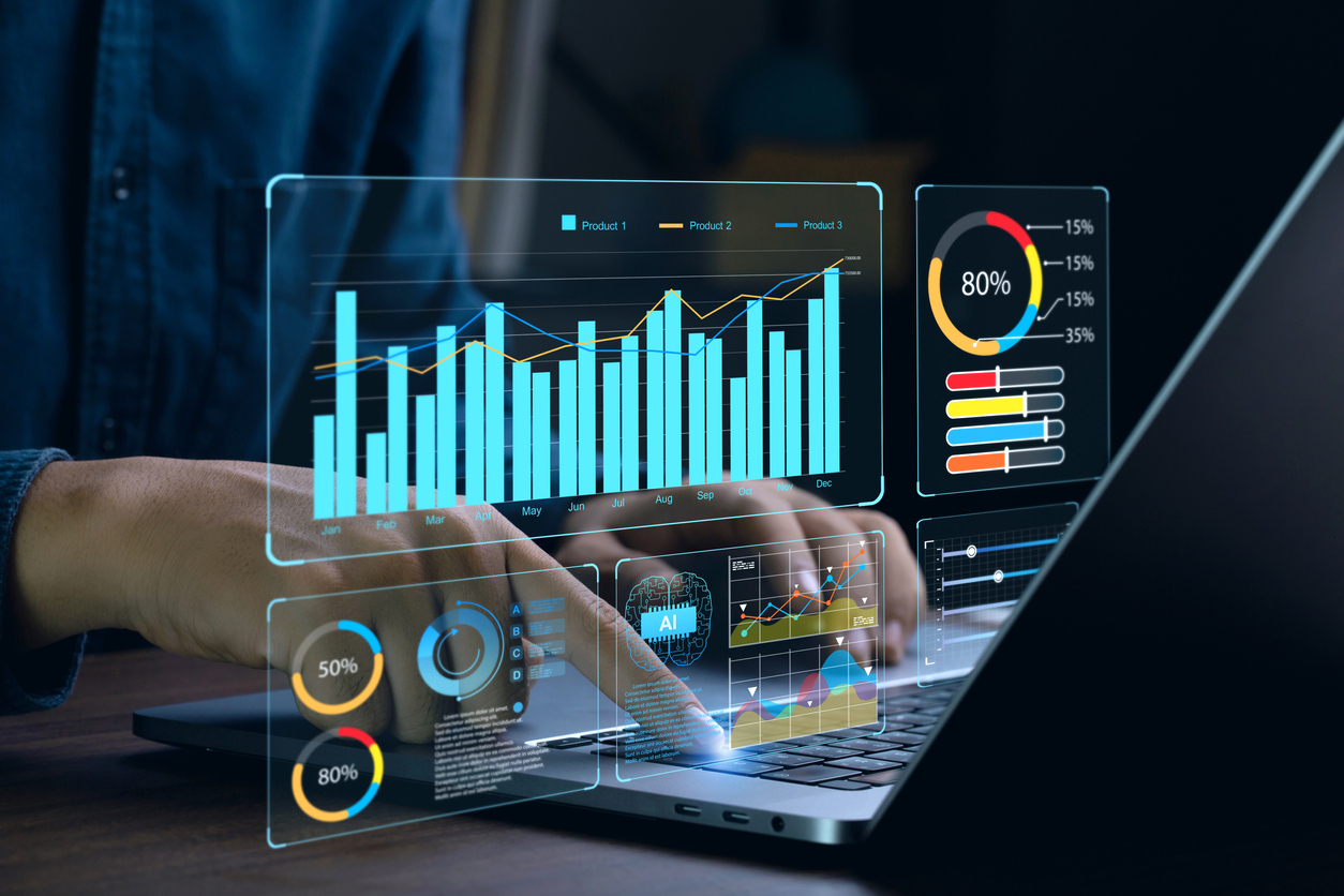 Businessman works on laptop Showing business analytics dashboard with charts, metrics, and KPI to analyze performance and create insight reports for operations management. Data analysis concept.Ai