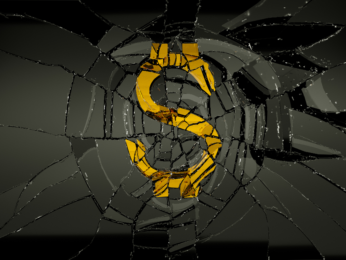 demolished dollar symbol and broken glass. economy and recession