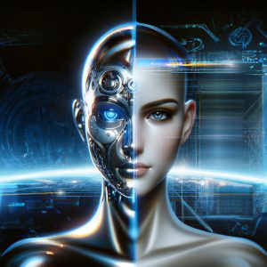 artificial,intelligence,,futuristic,digital,technology,human,and,robot,face,close