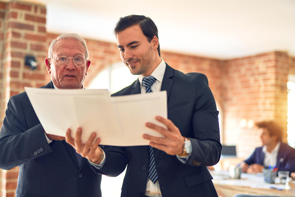 Two businessmen overseeing some documents