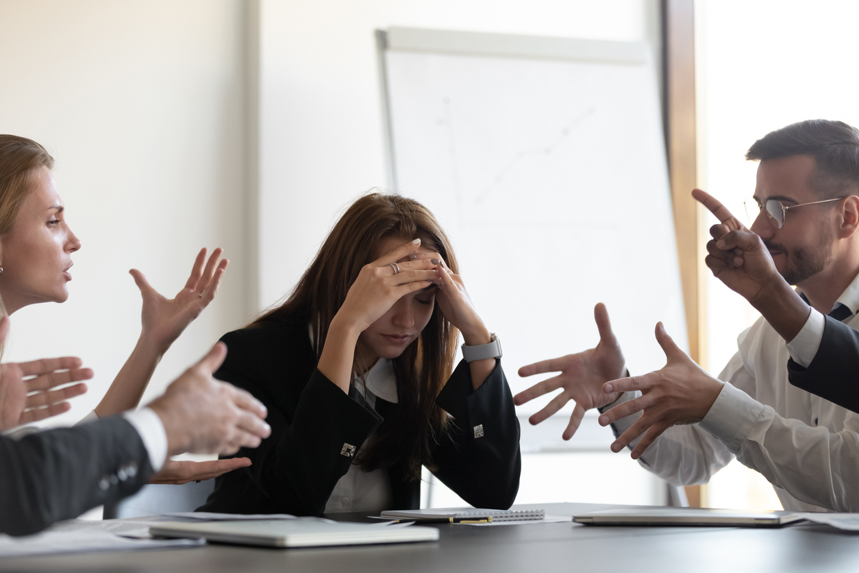 frustrated millennial female worker felling tired of working quarreling.