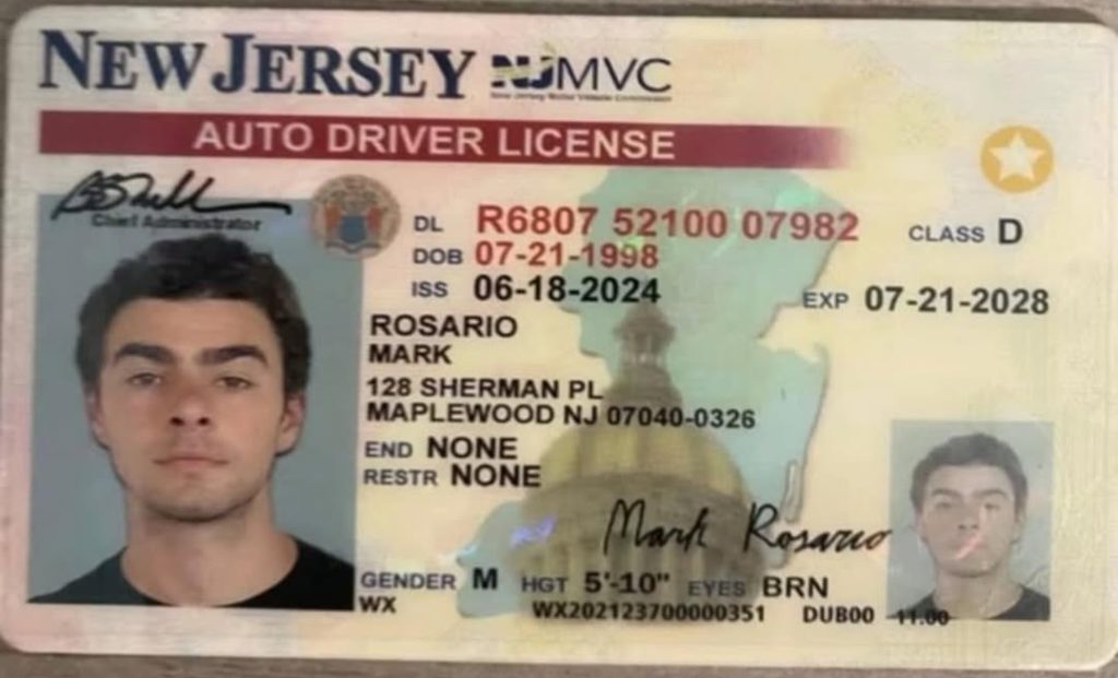 sLuigi Mangione was found in possession of a counterfeit New Jersey ID during his arrest, which authorities believe he used to register at a nearby hostel following the shooting of Brian Thompson