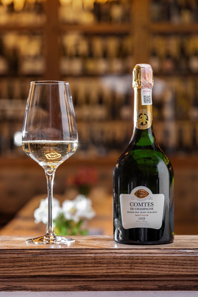 A bottle of Taittinger Comtes de Champagne Blanc de Blancs Brut