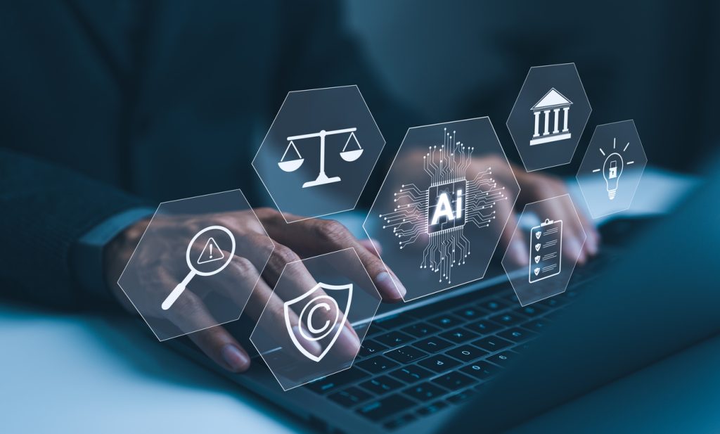 ai laws and regulations concept. hand typing on laptop with digital icons representing artificial intelligence, legal standard, ethics, and regulatory compliance, technology law and policy, copyright,