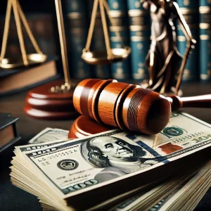 dall·e 2025 03 04 13.02.38 a wooden judge's gavel resting on a stack of us dollar bills, symbolizing legal battles and high financial stakes. the setting is a dimly lit courtroo