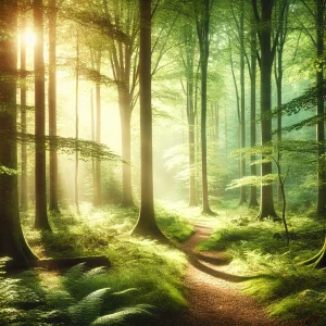 Serene forest scene with soft sunlight and a winding path, symbolizing Payton’s journey of healing, hope, and resilience.