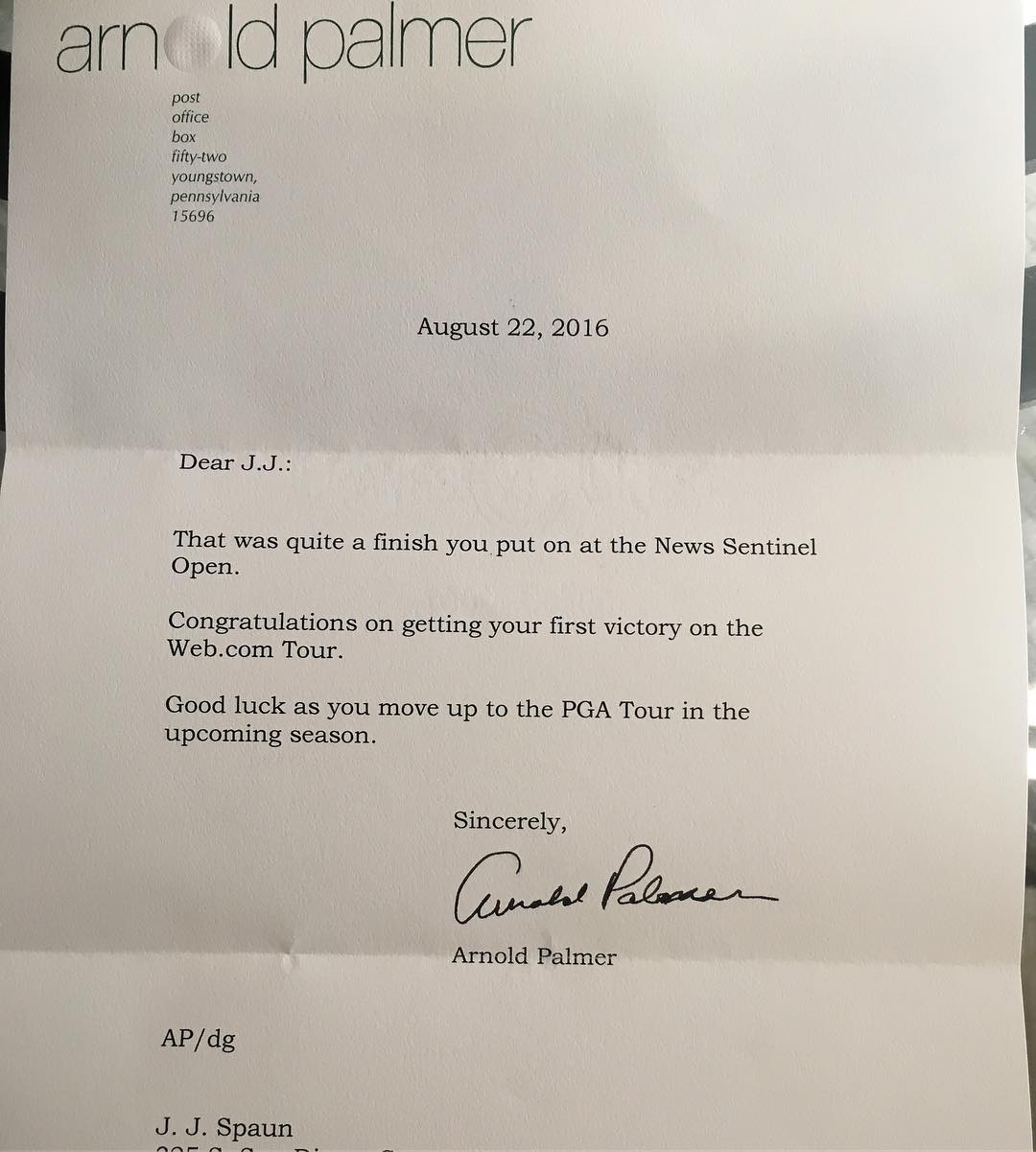 Arnold Palmer Letter to JJ Spaun