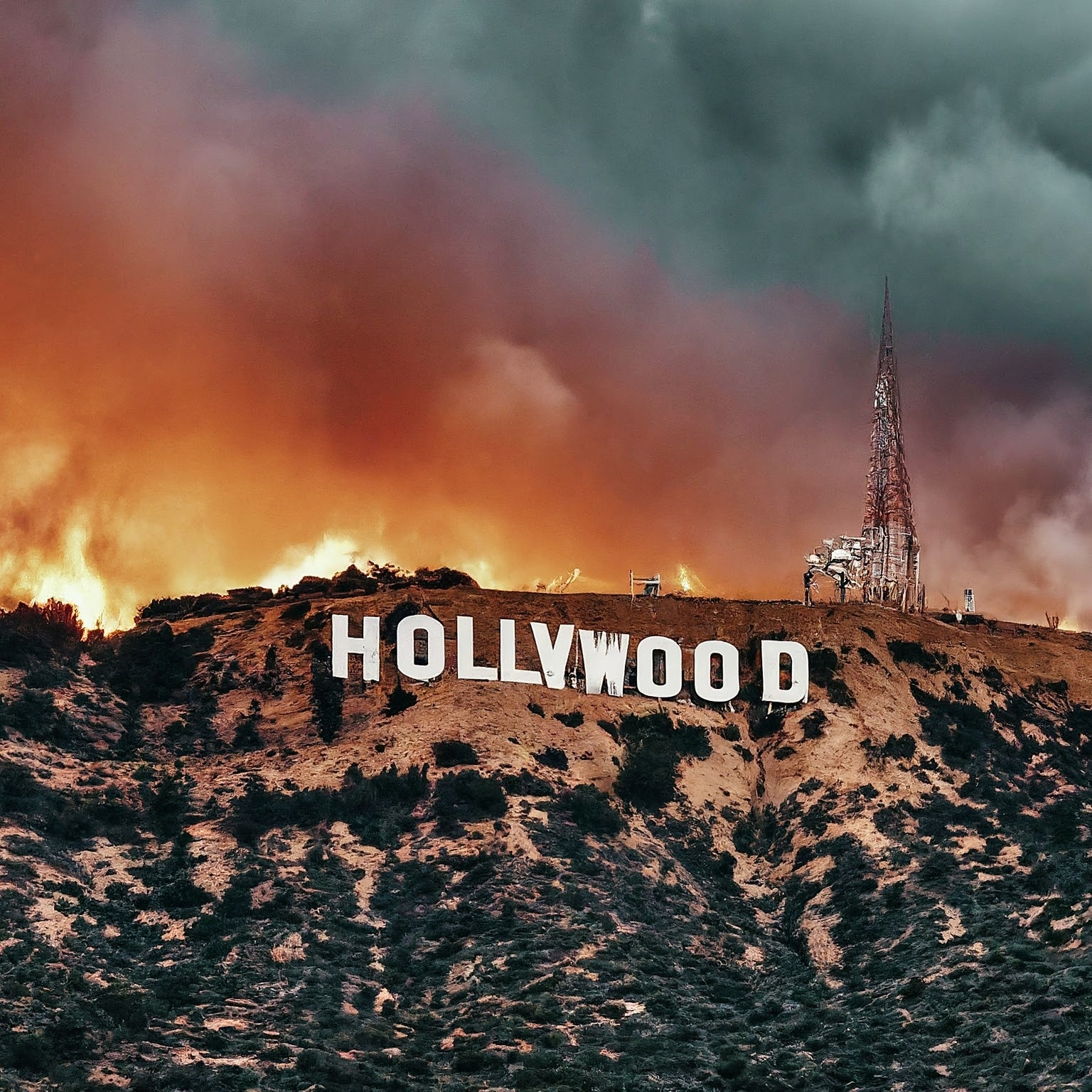 realistic,wildfire,behind,hollywood,sign,in,hollywood,hills